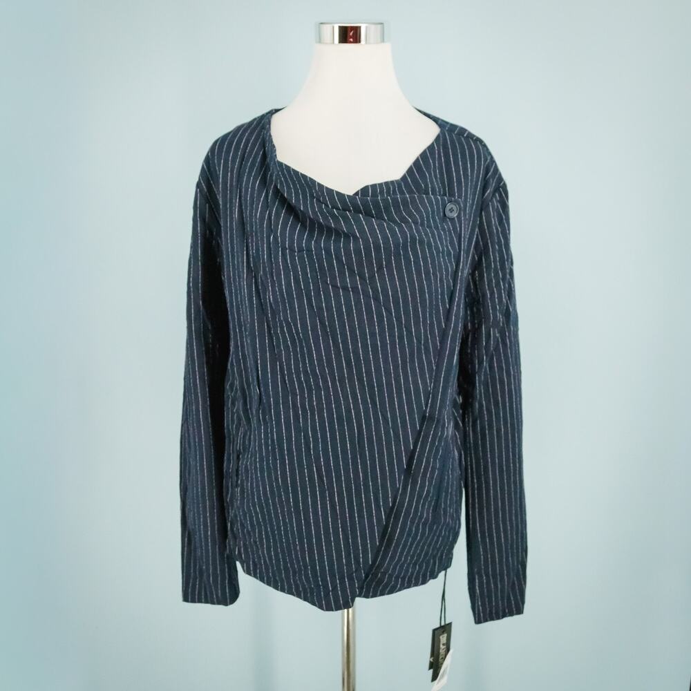 Blank NYC Size Medium M Blue Capri Pinstripe Wrap Drape Linen Blend Jacket NEW